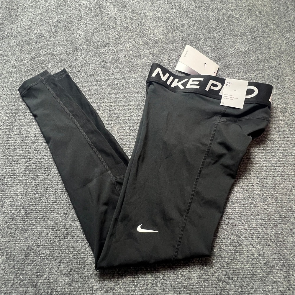 Nike Pro Womens Dri-Fit Mid Rise Full Length Training Leggings Black XS Mesh NEW